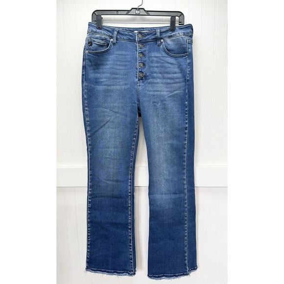 Kancan Rainn Ultra High Rise Flare Jeans 13/30 Stretch Blue Denim Fray Fringe - Picture 2 of 12